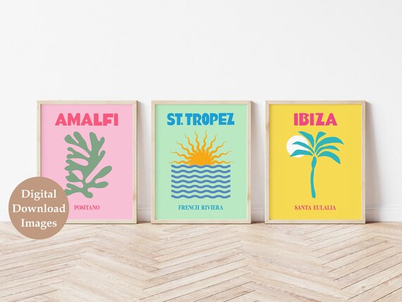 Retro Travel Print Set of 3, DIGITAL DOWNLOAD, Colourful Printable