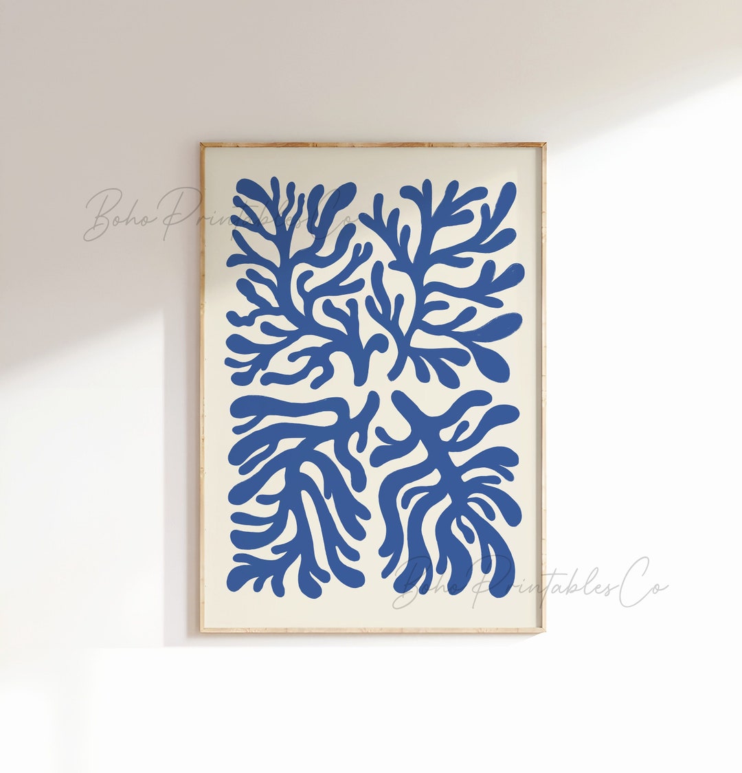 Navy Blue Seaweed Coral Print, Trendy Coastal Printable Wall Art ...