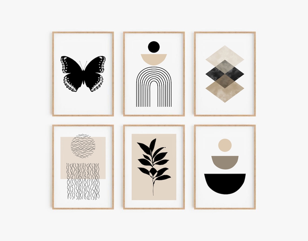 Black White Beige Abstract Print Set of 6, Mid Century Modern Printable ...