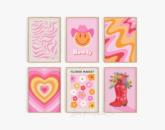 Preppy Western Print Set of 6, DIGITAL DOWNLOAD, Aesthetic Retro Printable Wall Art, Pink Orange Red Gallery Wall Set, Dorm Room Decor