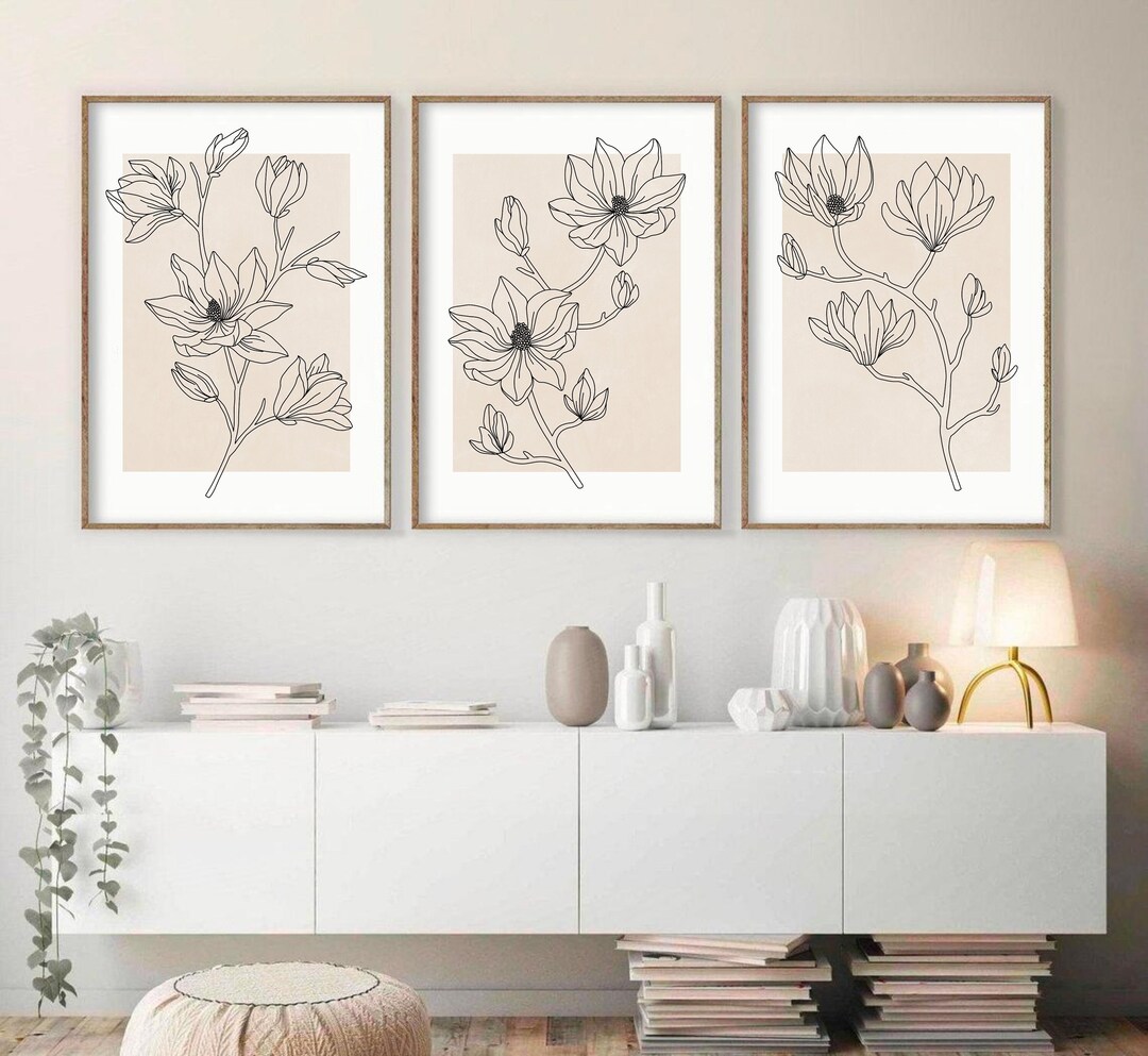 Neutral Floral Line Art Print Set of 3, DIGITAL DOWNLOAD, Minimal ...
