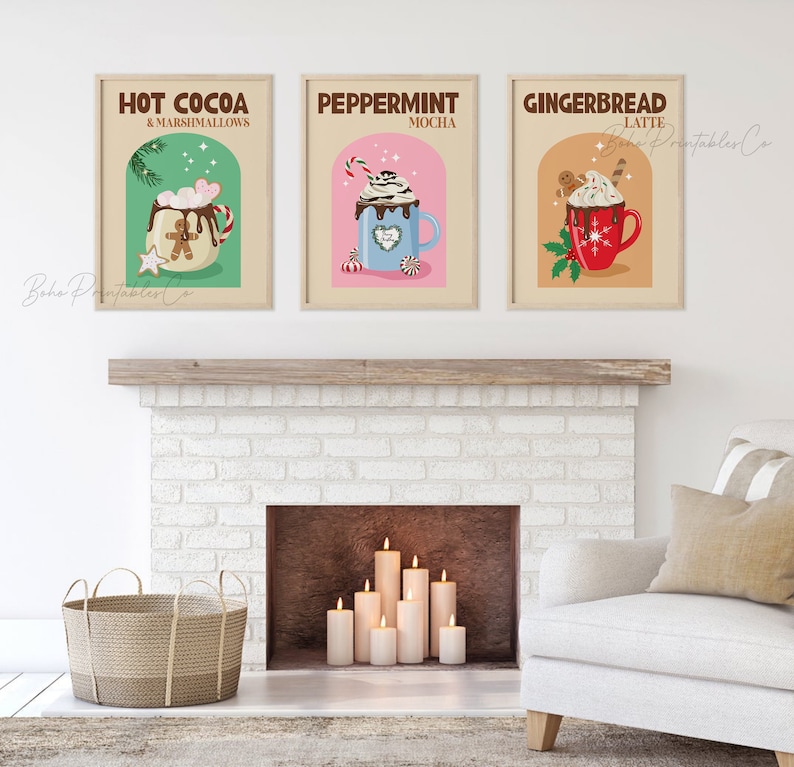 May include: Three printable posters with illustrations of winter drinks. The posters are in a brown frame and feature a hot chocolate with marshmallows, a peppermint mocha, and a gingerbread latte.