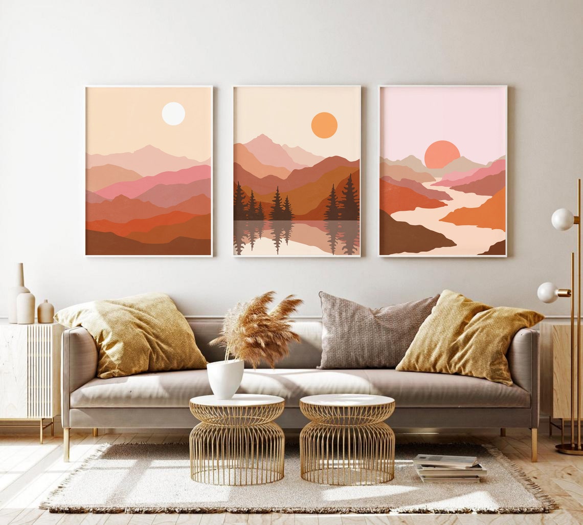 Abstract Mountain Printable Wall Art, Boho Landscape Prints Set of 3 ...
