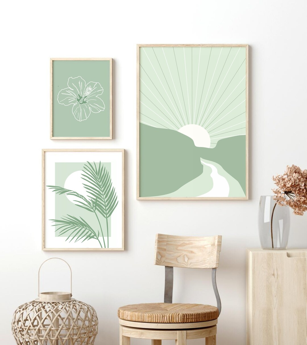 Sage Green Print Set of 3, Boho Gallery Wall Set, Abstract Printable ...