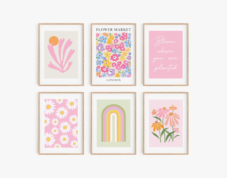 Pink Gallery Wall Set, Floral Art Print Set of 6, DIGITAL DOWNLOAD, Flowers Printable Wall Art, Botanical Poster Set, Boho Wall Decor image 1