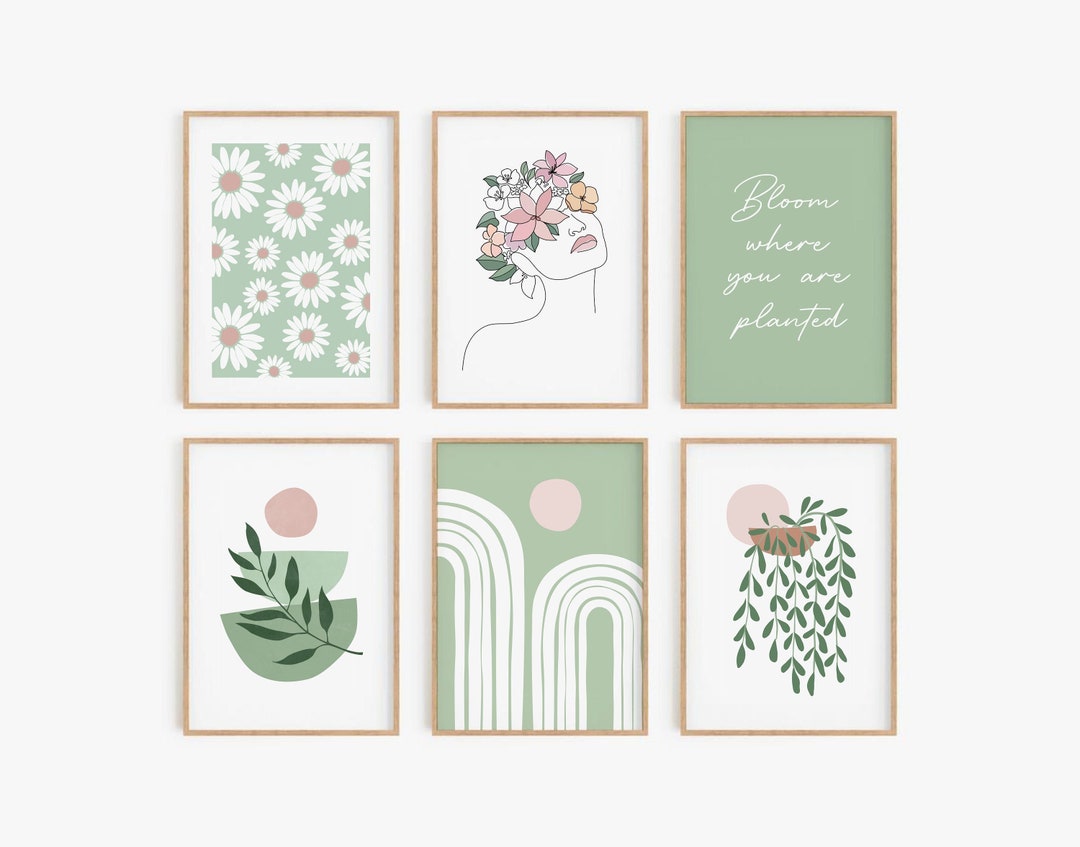 Sage Green Blush Pink Print Set of 6, Botanical Gallery Wall Set ...