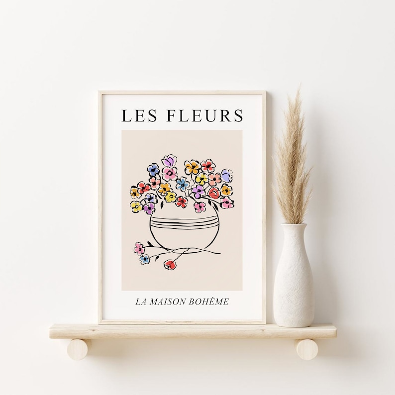 Les Fleurs Print, French Wall Art, DIGITAL DOWNLOAD, Abstract Flowers in Vase Print, Matisse Style Floral Line Drawing, Floral Wall Decor image 1