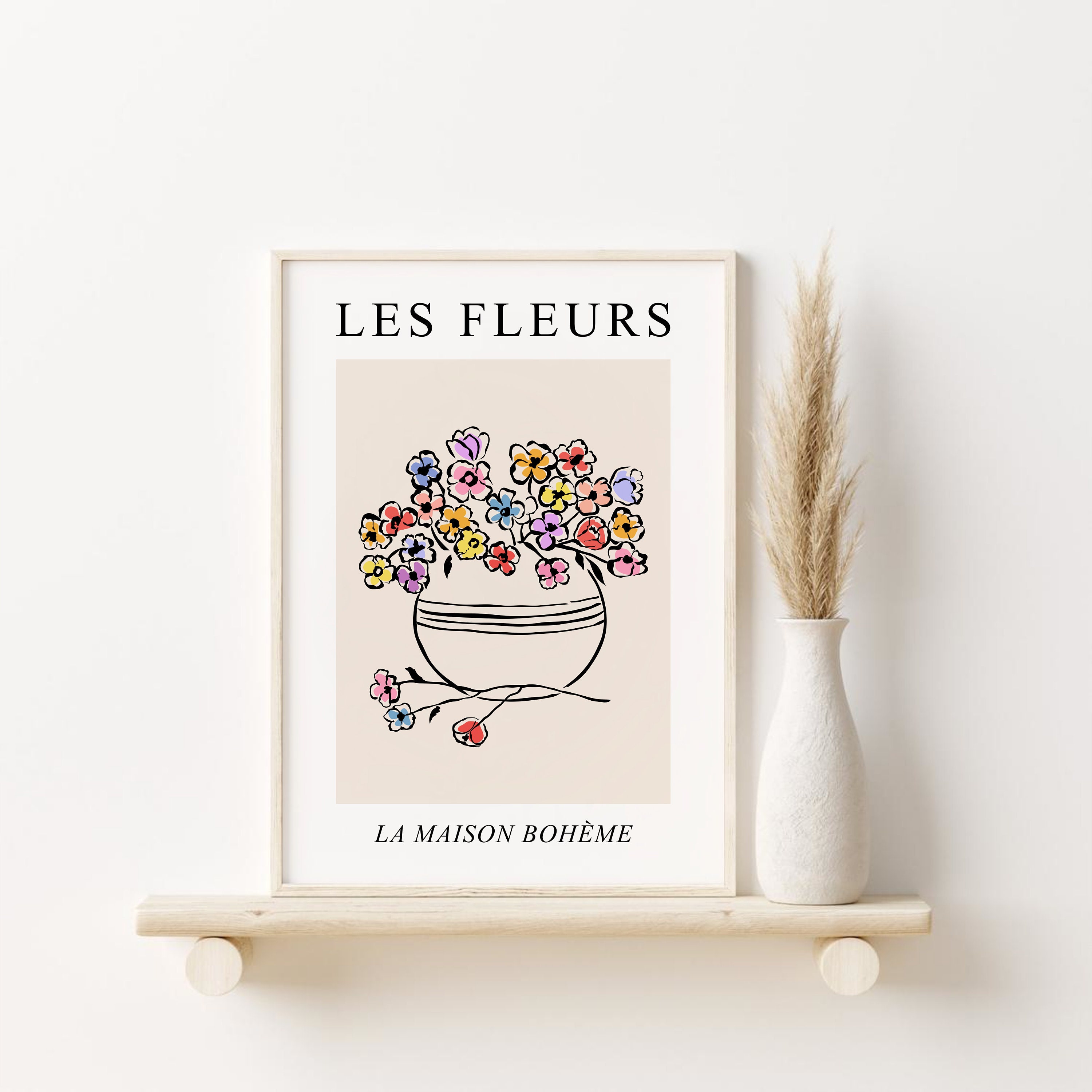 プリント　「Les Fleurs」フランスヴィンテージ　ガラス　額装 プリント「Les Fleurs」フランスヴィンテージガラス額装