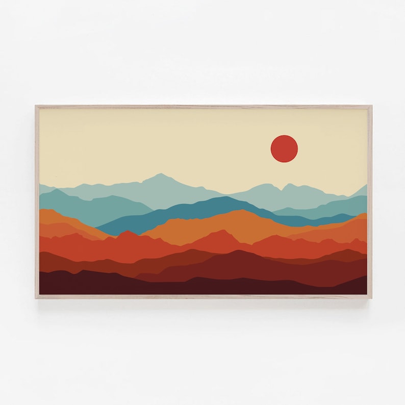 K&ouml;nnte beinhalten: Eine digitale Illustration einer Bergkette mit einer roten Sonne am Himmel. Die Berge sind in Blaut&ouml;nen, Orange und Braun geschichtet.