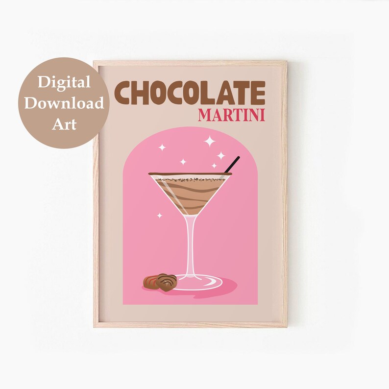 May include: A digital art print featuring a chocolate martini in a martini glass with a straw. The drink is brown and has a pink background with white stars. The text "CHOCOLATE MARTINI" is at the top of the print.