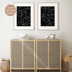 Svartvitt minimalistiskt tryck set om 2, abstrakt linjekonst, digital nedladdning, klotterlinjeteckningsaffischset, utskrivbar väggkonst bild 8