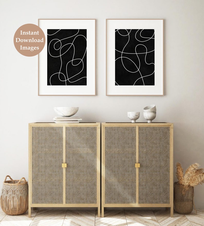Svartvitt minimalistiskt tryck set om 2, abstrakt linjekonst, digital nedladdning, klotterlinjeteckningsaffischset, utskrivbar väggkonst bild 8