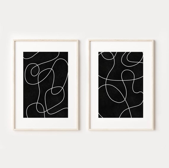 Black and White Minimalist Print Set of 2, Abstract Line Art, DIGITAL DOWNLOAD, Scribble Line Drawing Poster Set, Printable Wall Art