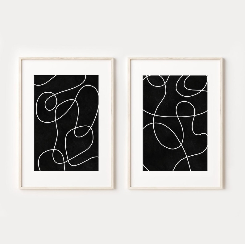 Svartvitt minimalistiskt tryck set om 2, abstrakt linjekonst, digital nedladdning, klotterlinjeteckningsaffischset, utskrivbar väggkonst bild 1