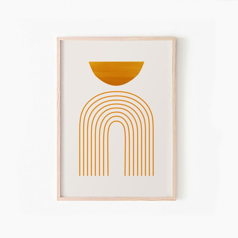 May include: A minimalist art print with a gold-colored half-circle shape above a series of concentric arches, all on a cream background.