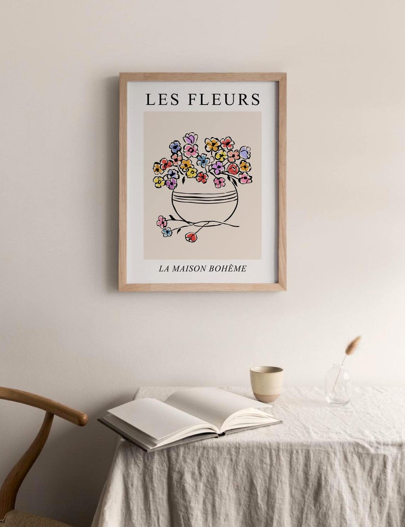 Les Fleurs Print, French Wall Art, DIGITAL DOWNLOAD, Abstract Flowers in Vase Print, Matisse Style Floral Line Drawing, Floral Wall Decor image 4