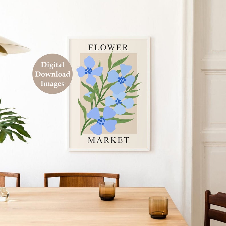 Blue Flower Market Print, Abstract Botanical Printable Wall Art, DIGITAL DOWNLOAD, Matisse Flower Market Poster, Modern Floral Print image 2