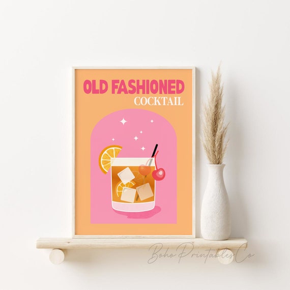 Old Fashioned Cocktail Print, Retro Cocktail Printable Wall Art, DIGITAL DOWNLOAD, Bar Cart Wall Art, Alcohol Poster, Home Bar Decor