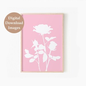 May include: A digital download of a printable art print featuring a white silhouette of a rose on a pink background.