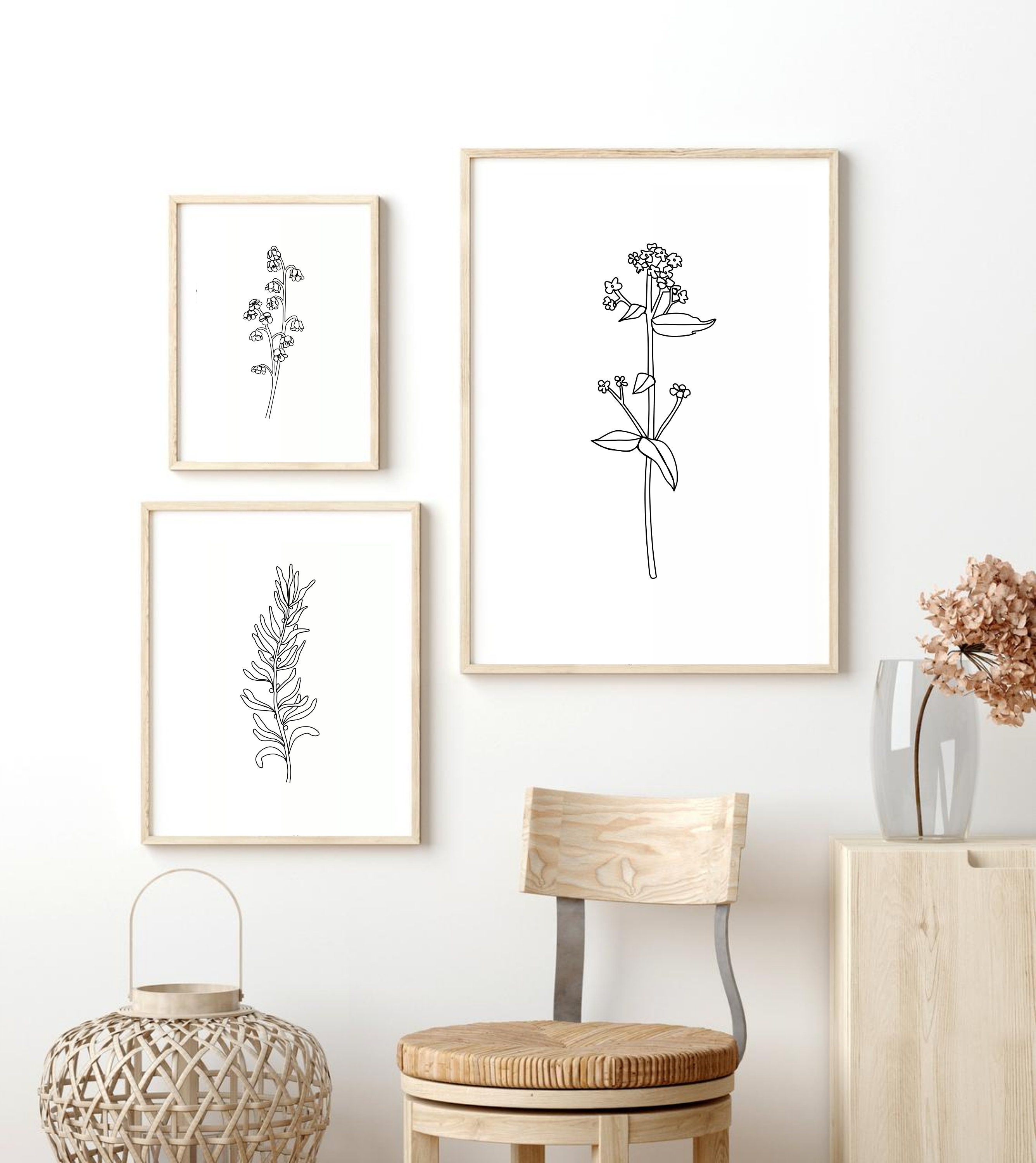 Floral Line Art Print Set of 3, Botanical Printable Wall Art, Minimal ...