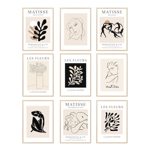Matisse Print Set of 9, DIGITAL DOWNLOAD, Neutral Matisse Exhibition Poster, Beige and Black Abstract Printable Wall Art, Gallery Wall Set