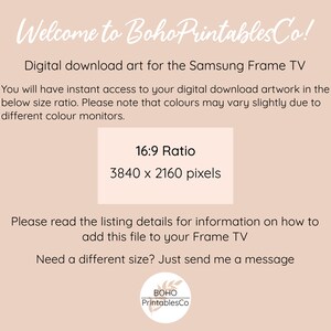 K&ouml;nnte beinhalten: Digitaler Download-Kunstdruck f&uuml;r Samsung Frame TV im 16:9-Format, 3840 x 2160 Pixel. Sie erhalten sofortigen Zugriff auf Ihren digitalen Download-Kunstdruck. Bitte beachten Sie, dass die Farben je nach Monitor leicht abweichen k&ouml;nnen. Boho Printables Co.
