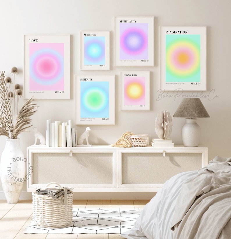 Gradient Aura Print Set of 6, Spiritual Affirmation Printable Wall Art, DIGITAL DOWNLOAD, Positive Energy Wall Art, Aura Gallery Wall Set image 1