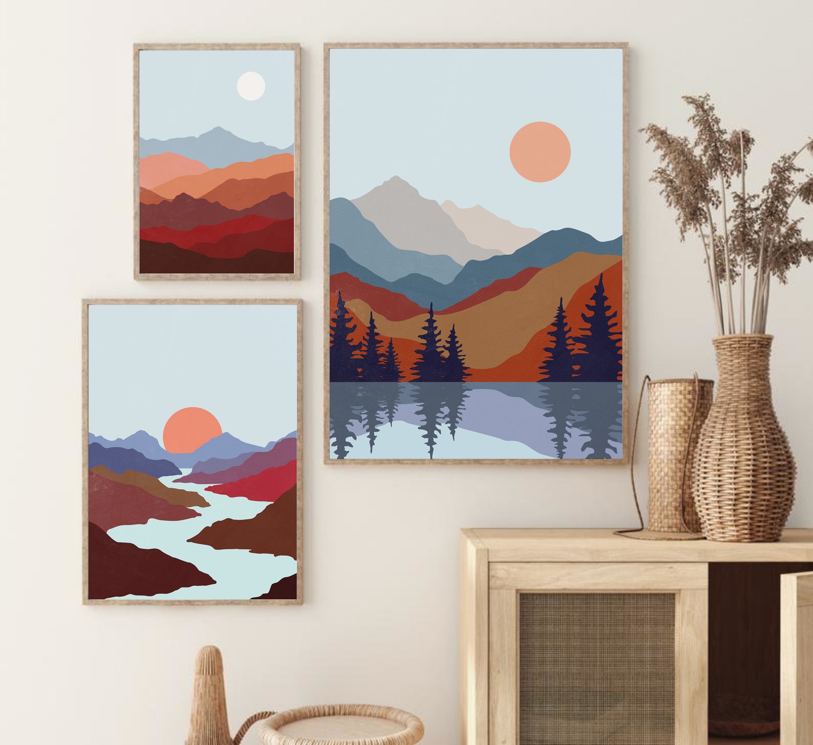 Abstract Landscape Printable Wall Art Mountain Lake Print Set - Etsy