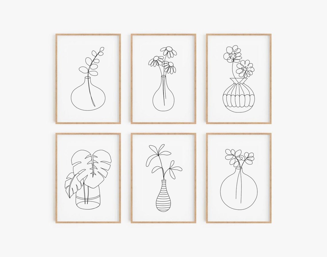 Botanical Line Art Print Set of 6, Simple Floral Printable Wall Art ...