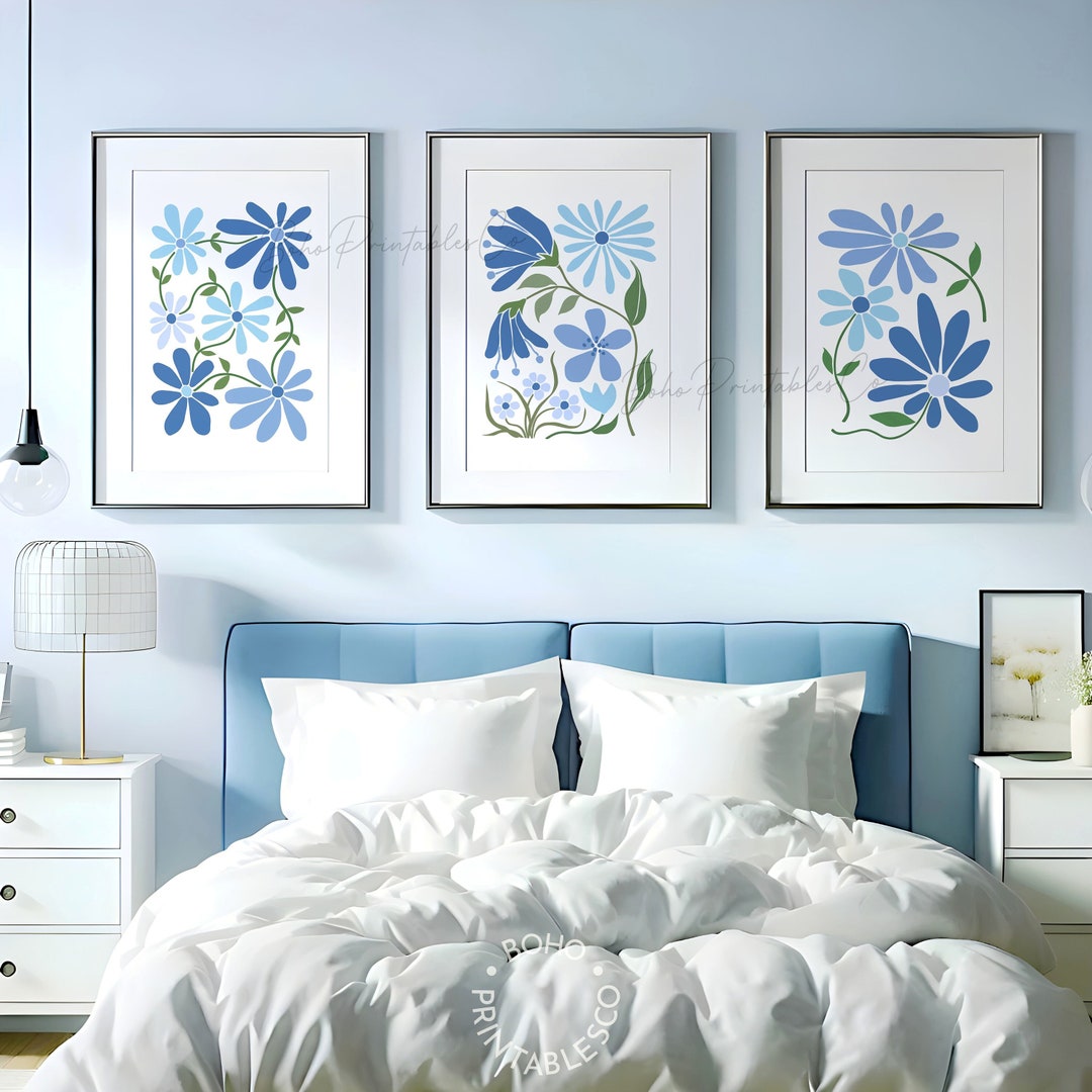 Blue Abstract Flowers Print Set of 3, Flower Market Printable Wall Art ...