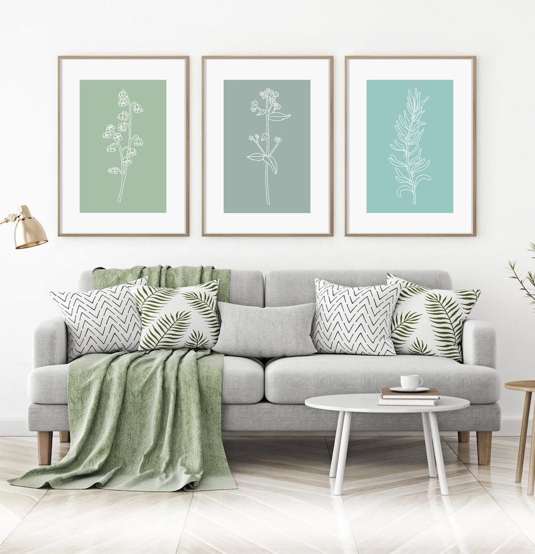 Sage Green Botanical Prints Set of 3, Floral Line Art, Printable Wall ...