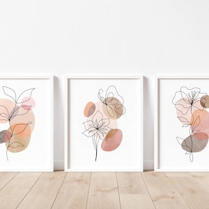 Abstract Flower Line Art Prints, Set of 3 Minimal Floral Line Drawing ...
