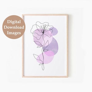 May include: A black line drawing of a flower with purple watercolour circles in the background.