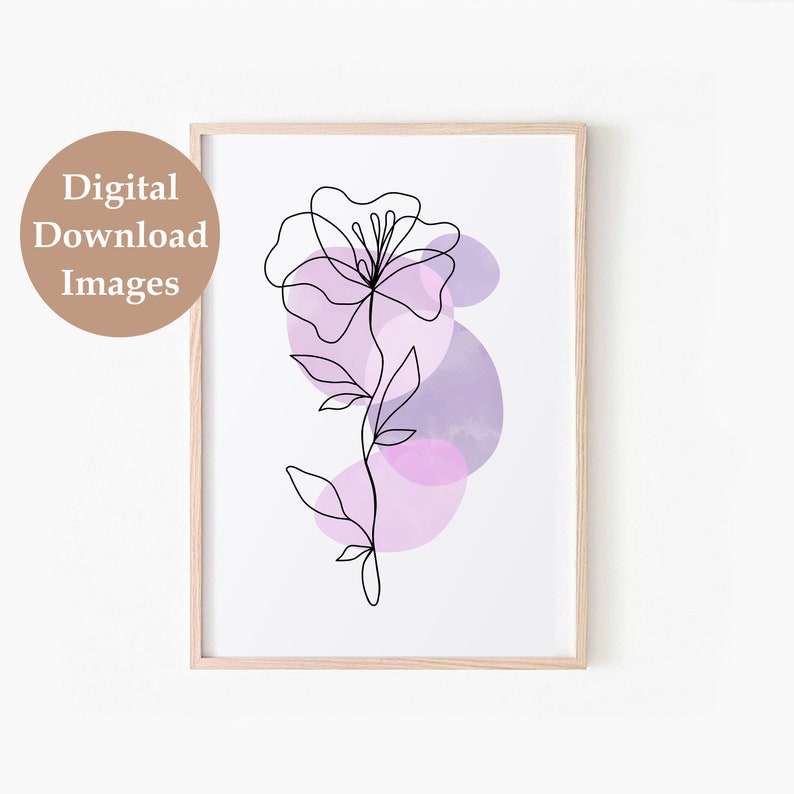 May include: A black line drawing of a flower with purple watercolour circles in the background.