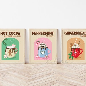 May include: Three printable Christmas-themed drink posters with illustrations of hot chocolate, peppermint mocha, and gingerbread latte. Each poster features a mug with a festive drink and a decorative background.