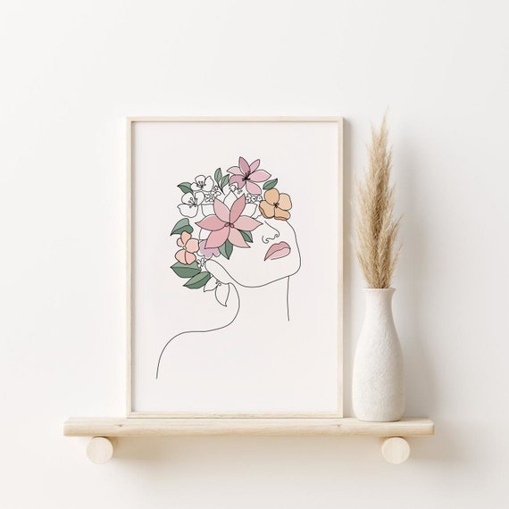 Flower Head Woman Line Art Print Printable Wall Art Floral - Etsy 日本