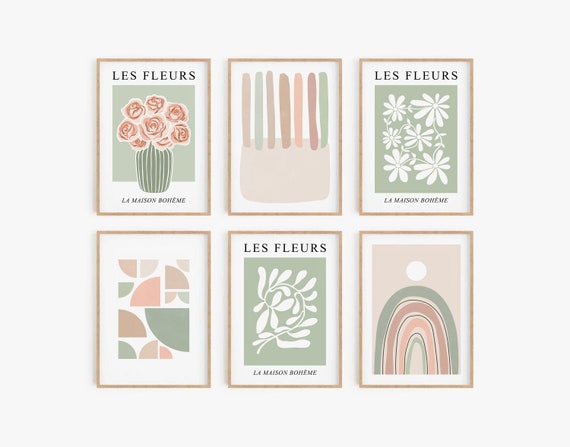 Sage Green Print Set of 6, Abstract Botanical Printable Wall Art, DIGITAL DOWNLOAD, Sage Green Peach Beige Prints, Floral Gallery Wall Set