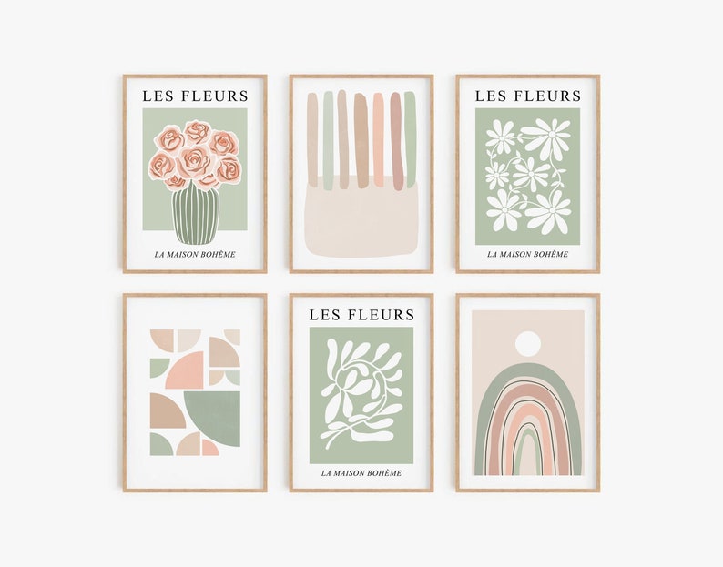 May include: Set of six printable wall art prints with a minimalist aesthetic. The prints feature abstract shapes, flowers, and rainbows in muted tones of green, pink, and beige. The text "LES FLEURS" and "LA MAISON BOH&Egrave;ME" is included on each print.