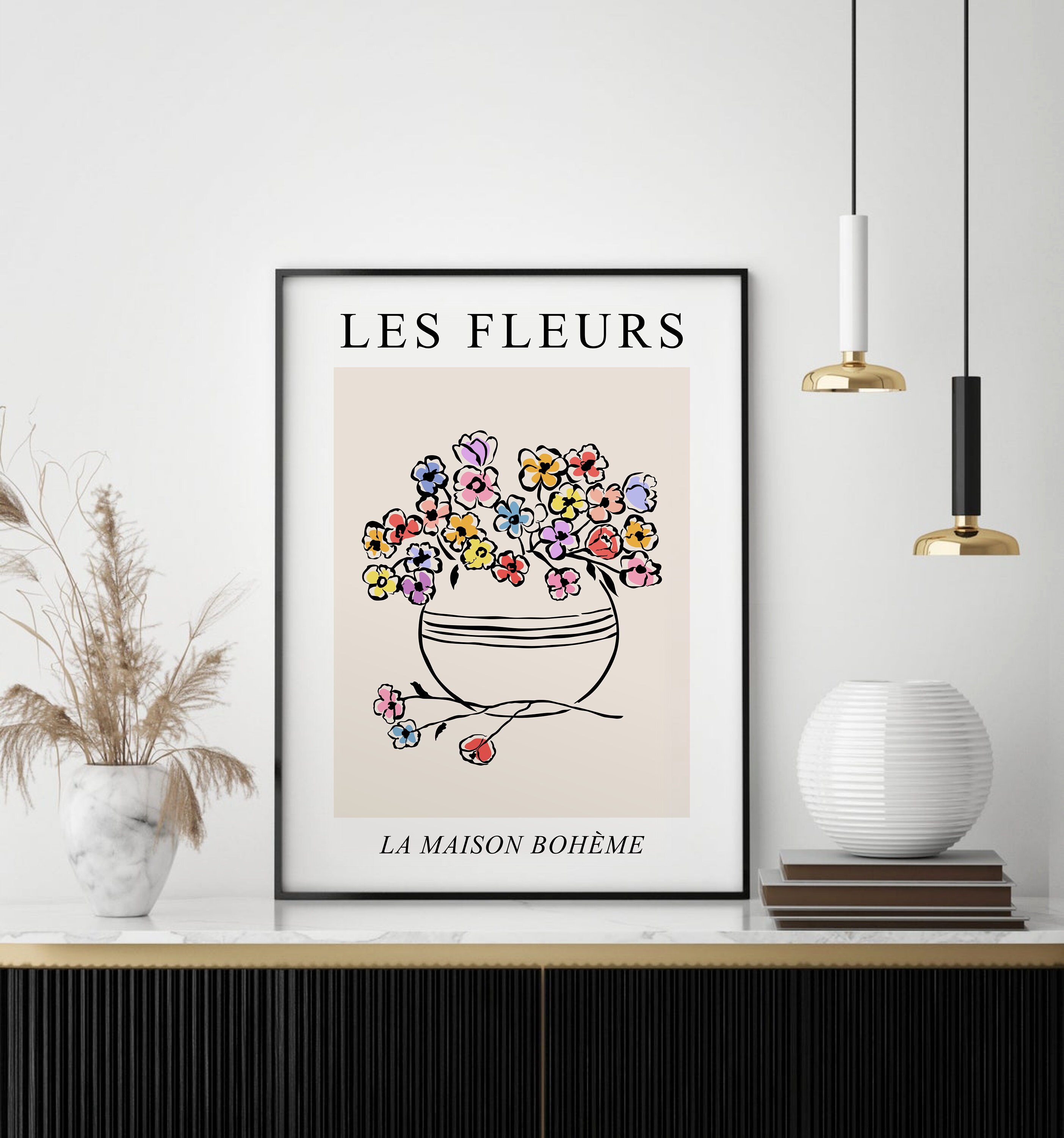 プリント　「Les Fleurs」フランスヴィンテージ　ガラス　額装 プリント「Les Fleurs」フランスヴィンテージガラス額装