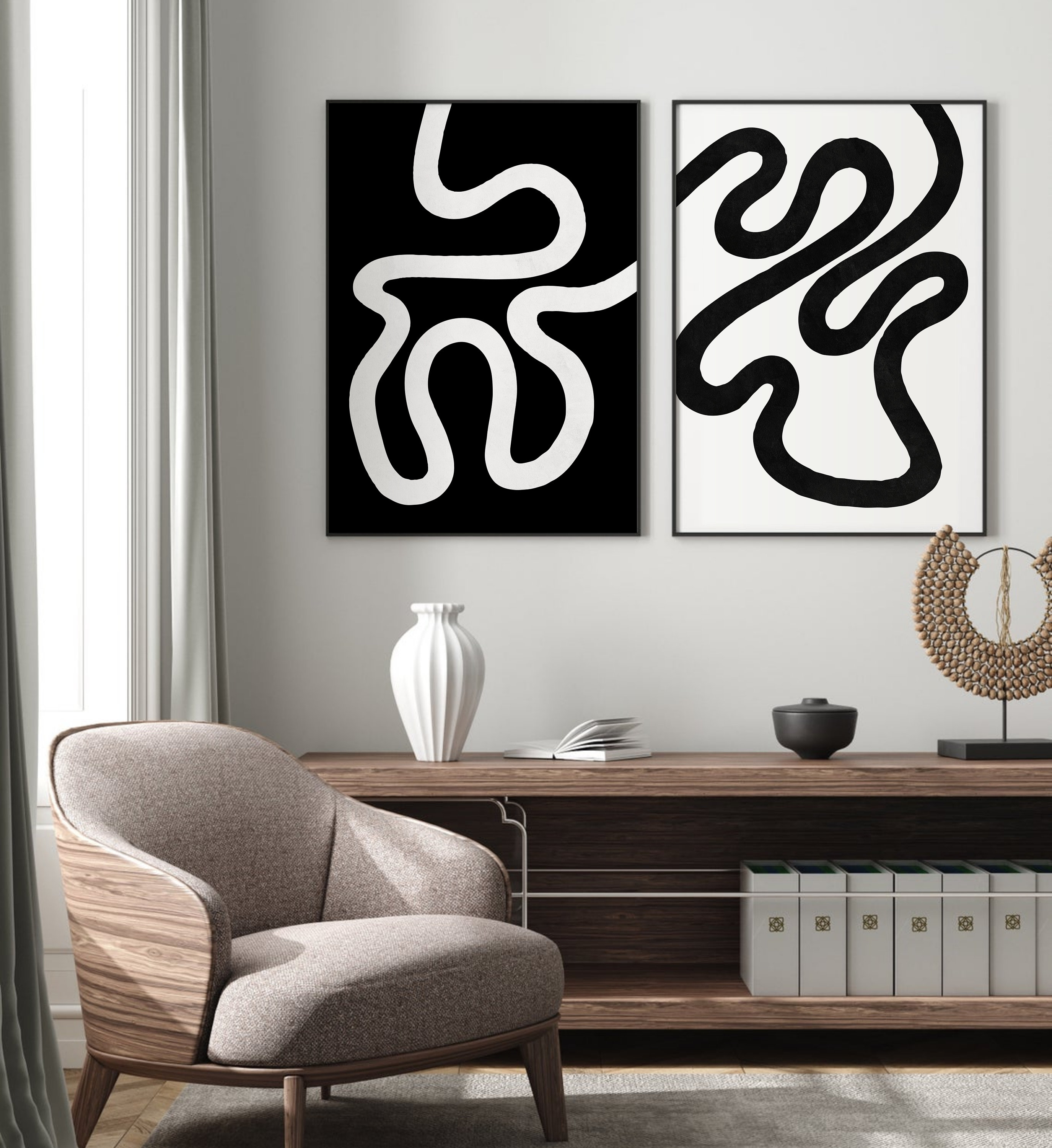 Black White Abstract Art Prints, Set of 2 Printable Wall Art, Minimal ...