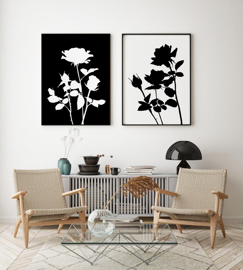 Black and White Floral Print Set of 2 Roses Print DIGITAL Etsy UK