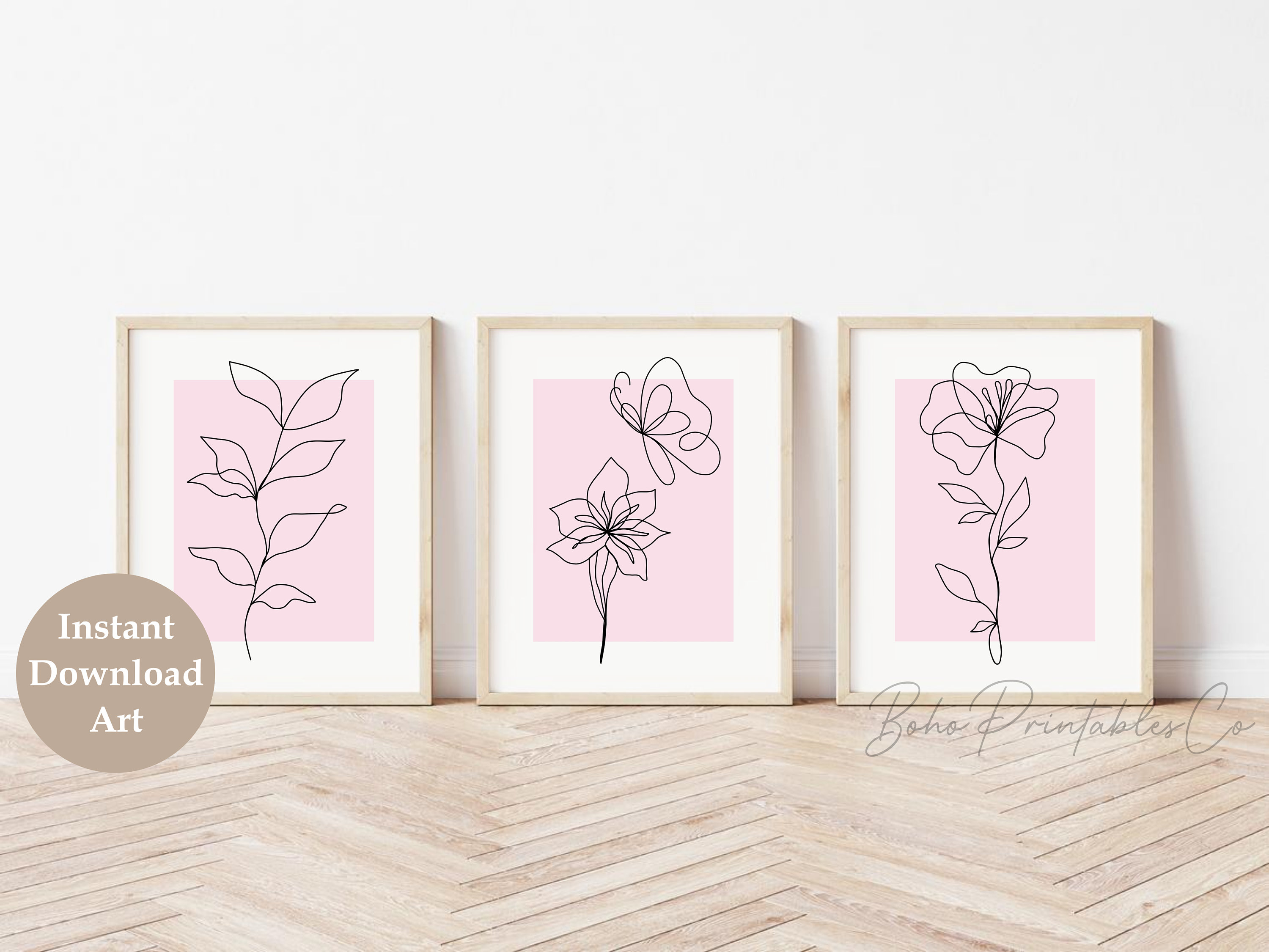 Pink Botanical Print Set of 3, Minimal Flower Printable Wall Art ...
