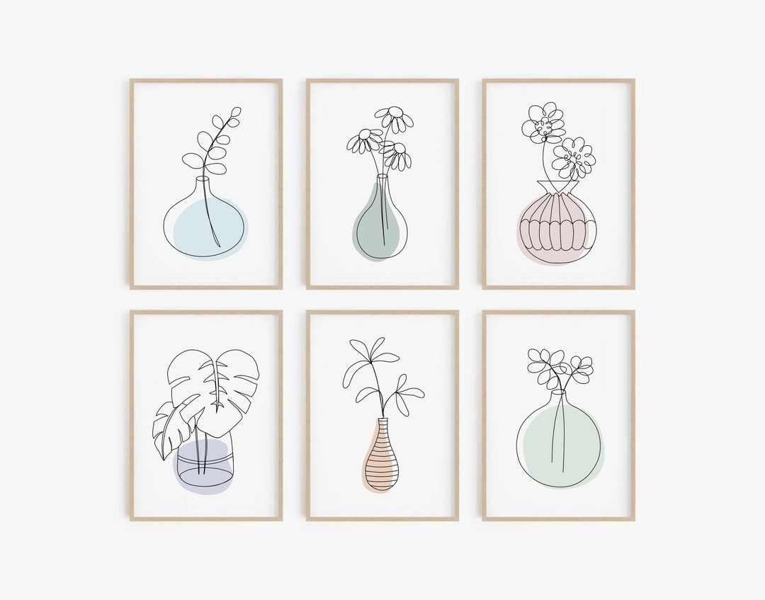 Minimal Botanical Line Art Print Set of 6, Abstract Vase Floral ...