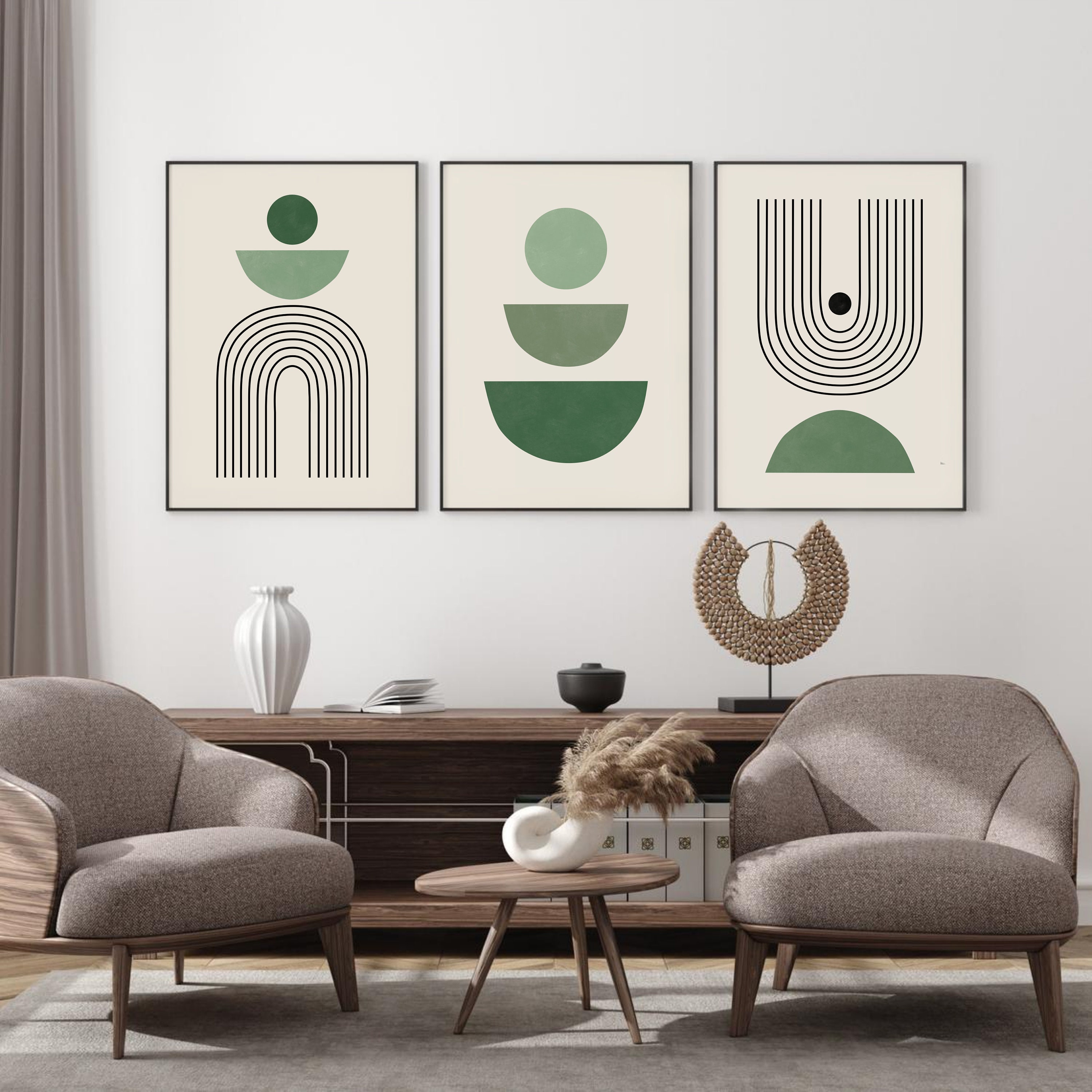 Dark Green Abstract Printable Wall Art, Mid Century Modern Print Set of ...