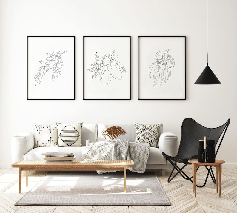 Botanical Line Art Set of 3 Prints, Black and White Botanical PRINTABLE ...