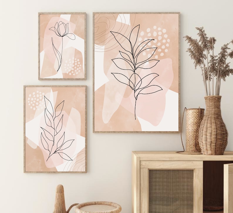 Neutral Botanical Print Set of 3, Abstract Boho Botanical Line Art ...