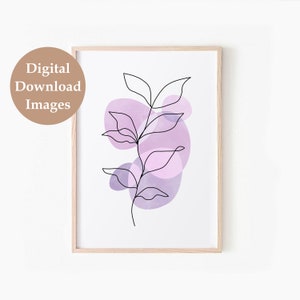 May include: A digital download of a minimalist line art print featuring a single stem with leaves and purple watercolour shapes.