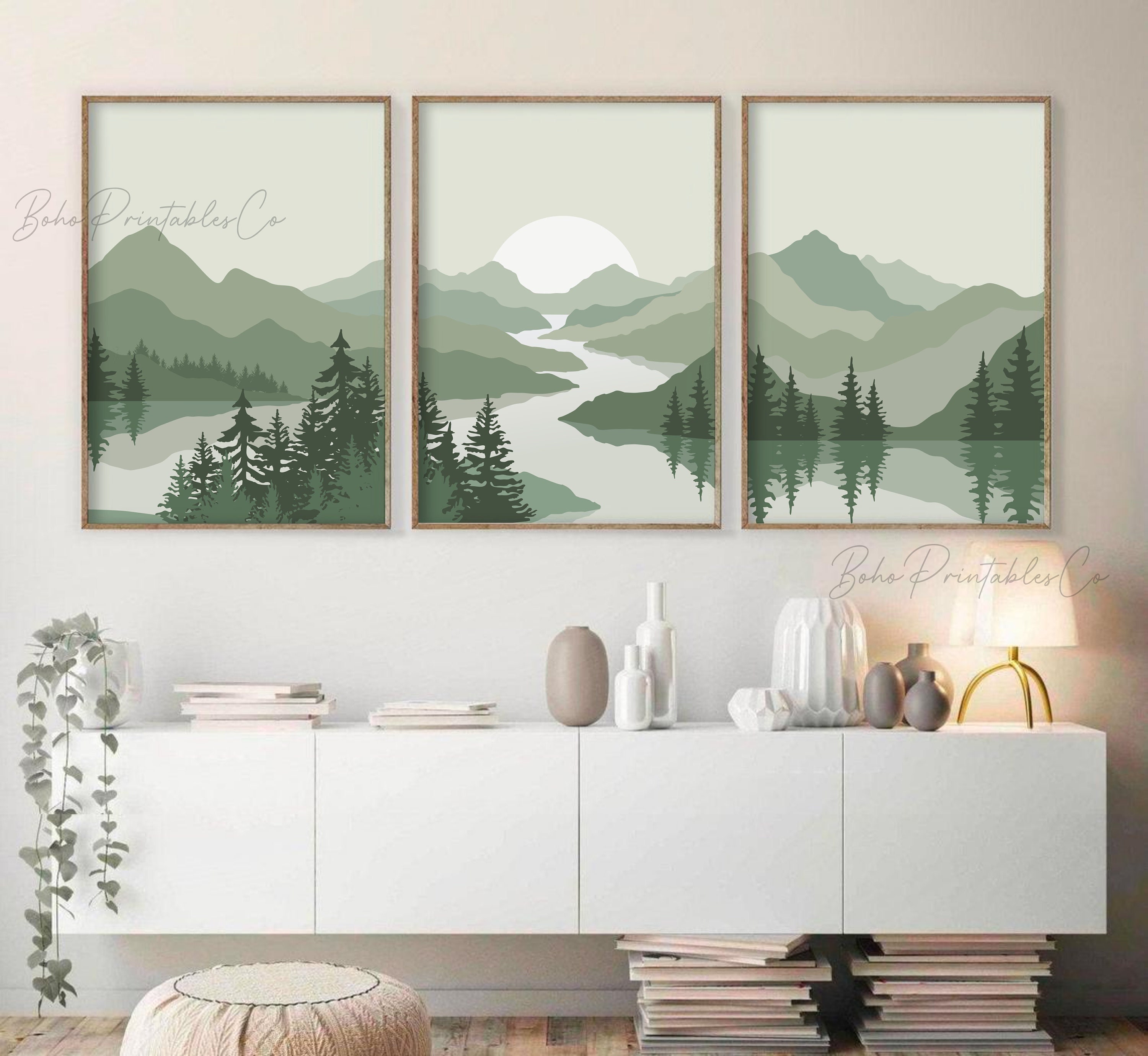 Sage Green Abstract Mountain Print Set of 3, Minimal