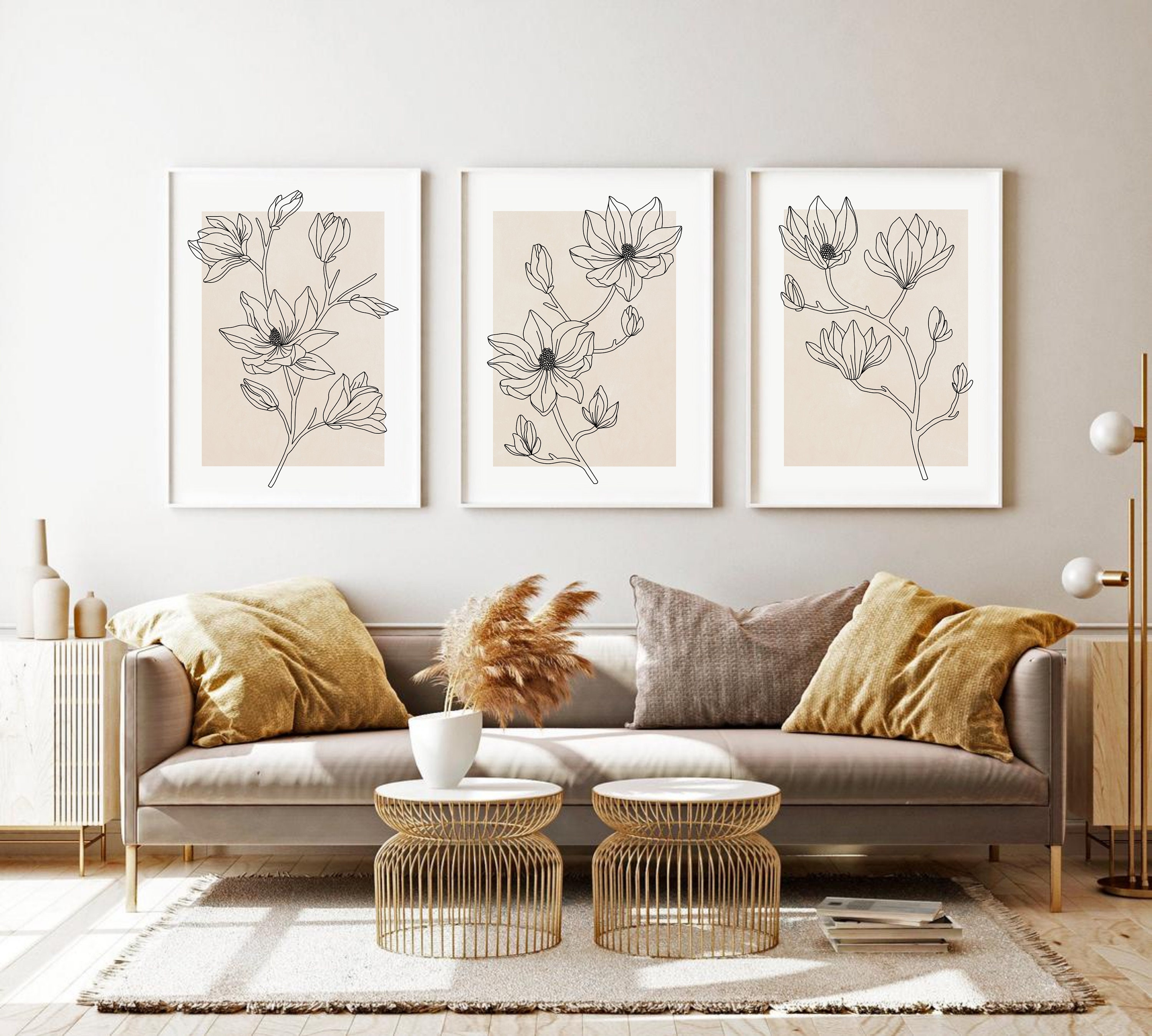 Neutral Floral Line Art Print Set of 3, DIGITAL DOWNLOAD, Minimal ...