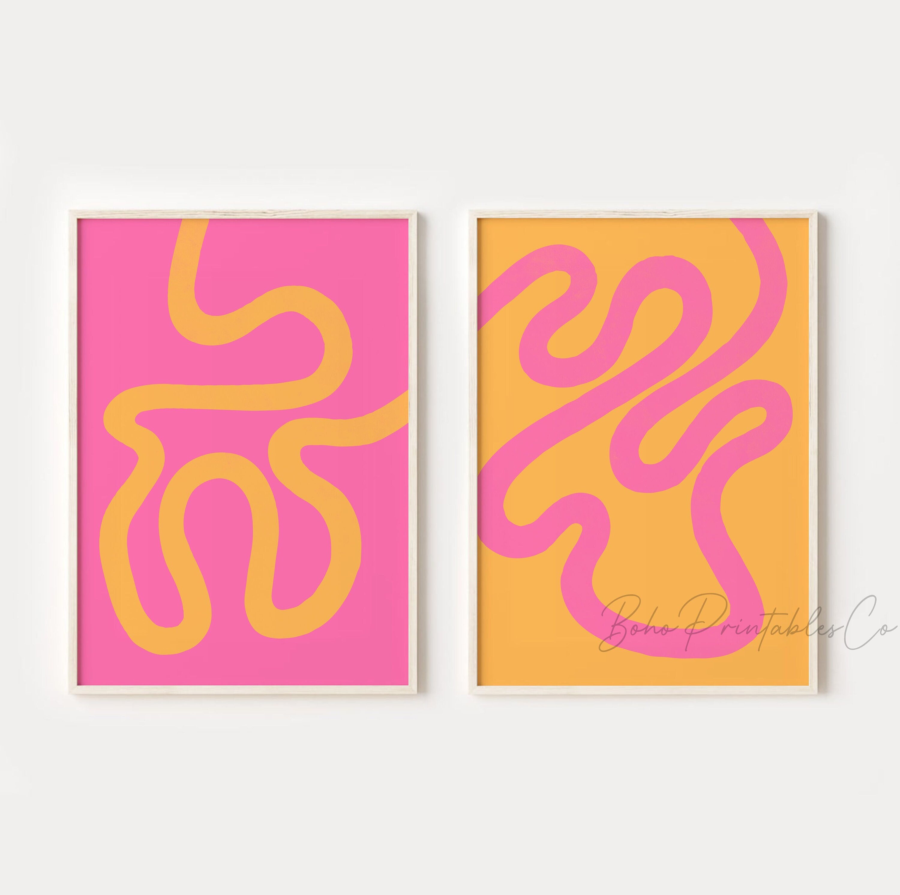 Vibrant Pink Orange Print Set of 2, Abstract Line Art Prints, DIGITAL DOWNLOAD, Printable Wall Art Trendy Apartment Decor, Colorful Wall Art